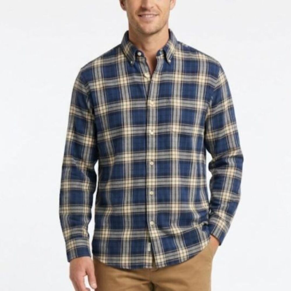 Brooks Brothers Men's Navy Ivory Plaid Cotton Flannel LS Button-Down Shirt Sz L
